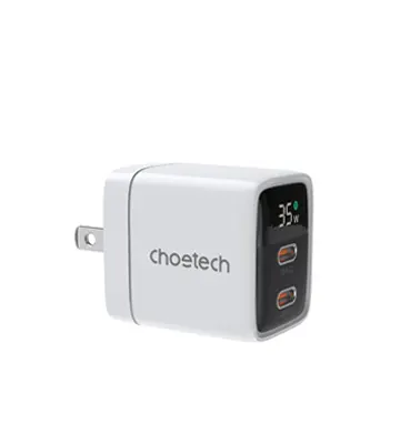 Cargador de pared GaN, 2 puertos USB-C de 35W con pantalla, Blanco - CHOETECH | PD6051-US-WH