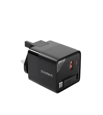 Cargador de pared GaN, 1 puerto USB-C y 1 puerto USB-A de 65W con cable retráctil de 0.8M, Negro - CHOETECH | PD6091-EU-BK