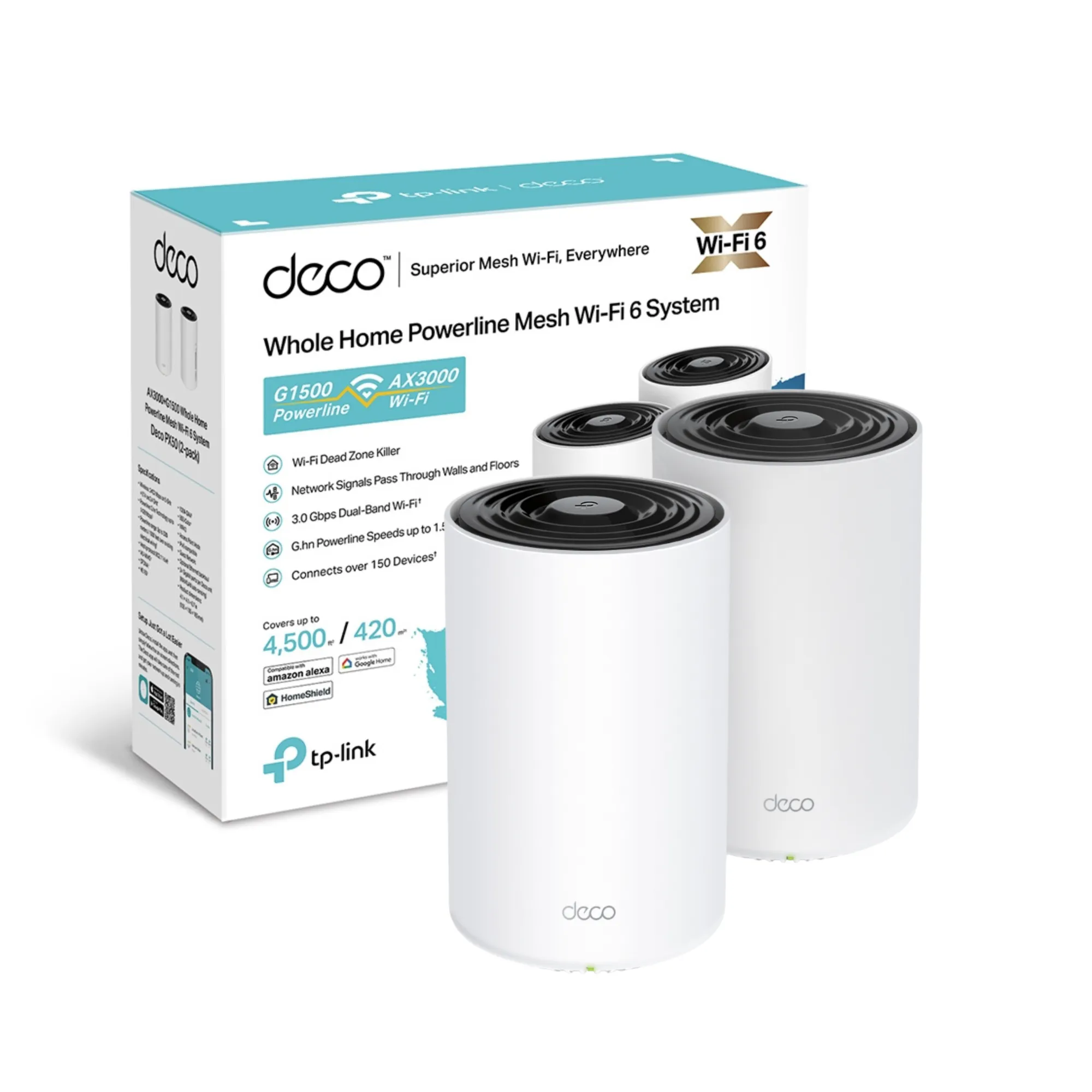 DECO PX50(2-PACK) TP-LINK Sistema Mesh WiFi6 dual band AX3000 + Powerline G1500 - RE090207 - WIRELESS HOME & OFFICE