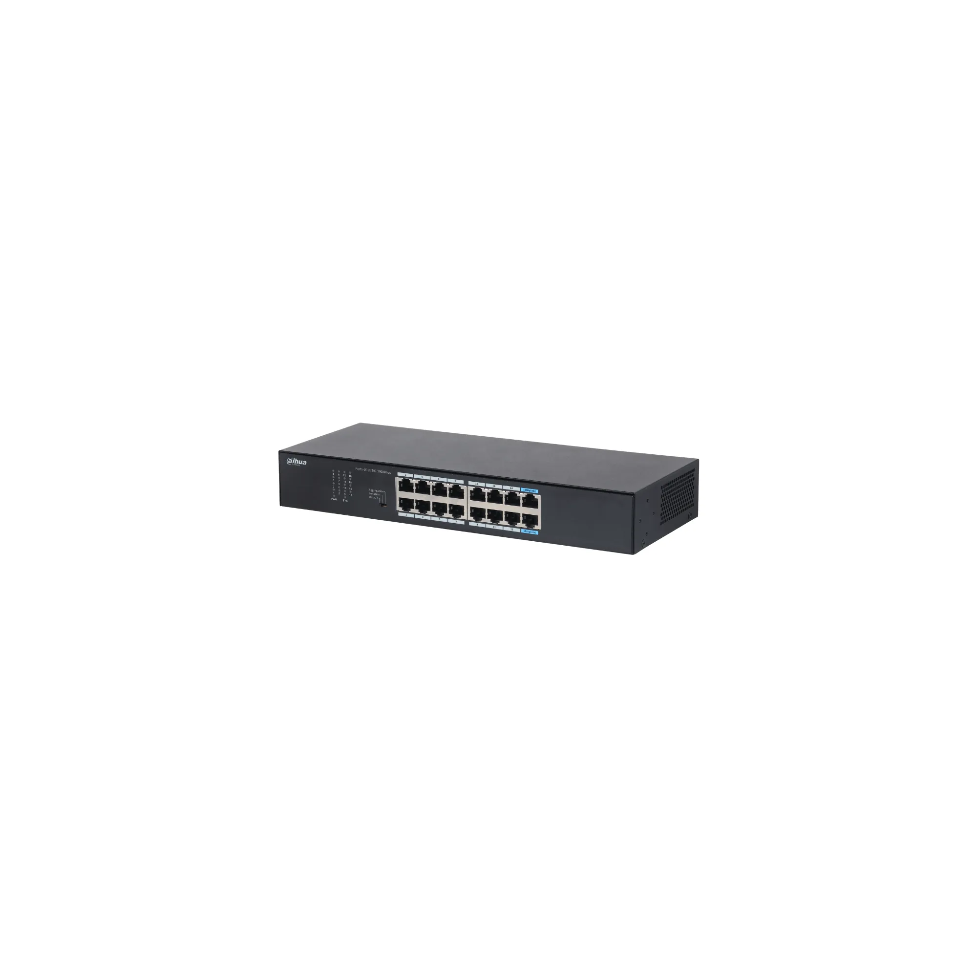 SWITCH L2 16 PUERTOS GIGABIT SIN POE (14 GE + 2 GE UPLINK) LINK AGGREGATION EN UPLINK AISLAMIENTO DE PUERTOS DISENO METALICO SIN FAN FUENTE INTERNA 100-240VAC RACK WALL DESKTOP DAHUA - RE070338 - SWITCHES