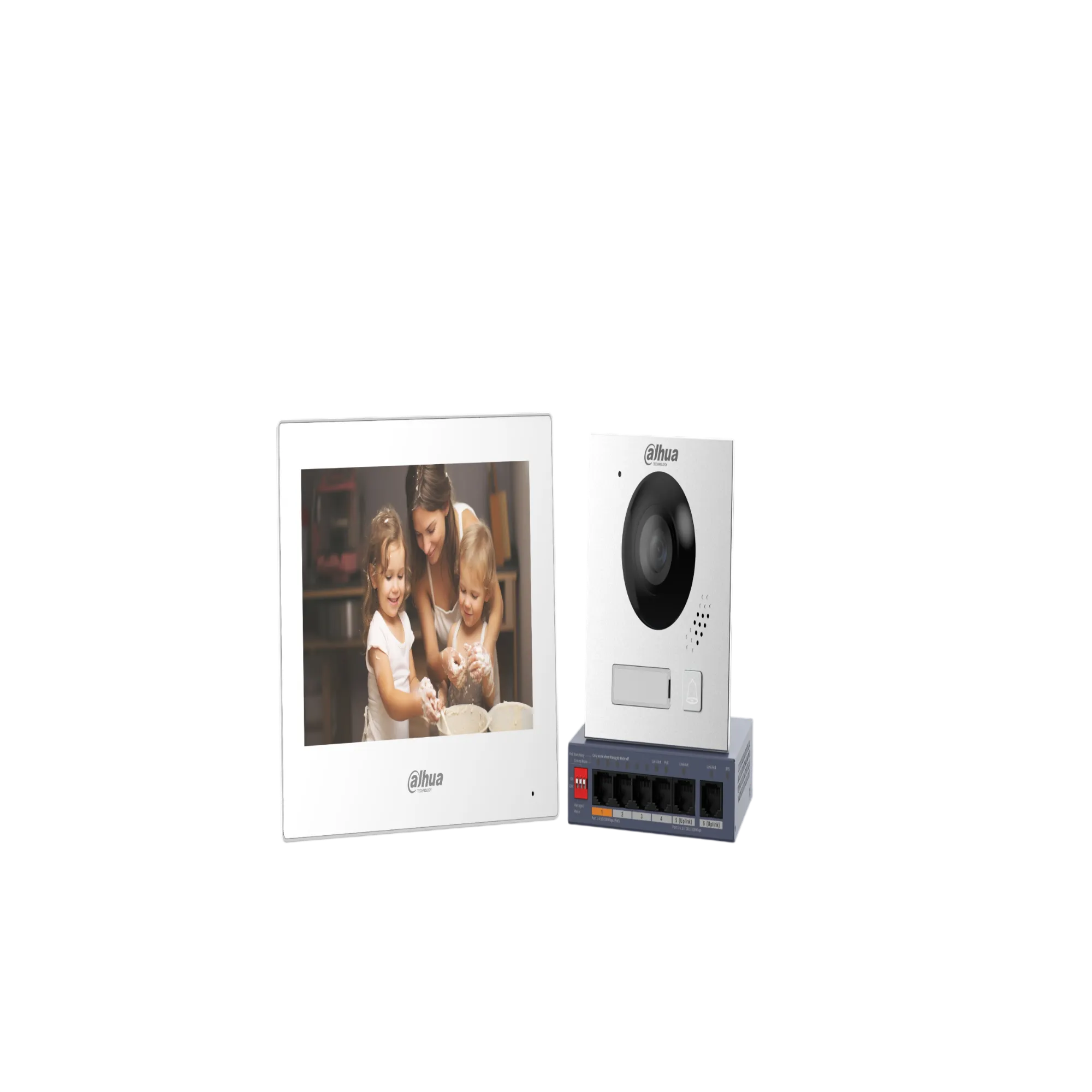 KIT DE VIDEO PORTERO IP 1 BOTON, VTO 2 MP IP65/IK07, MONITOR INTERIOR TACTIL 7" WIFI, SWITCH POE 4 X 10/100 + 2 X GIGABIT, 60 W DAHUA - CA120103 - VIDEO PORTEROS