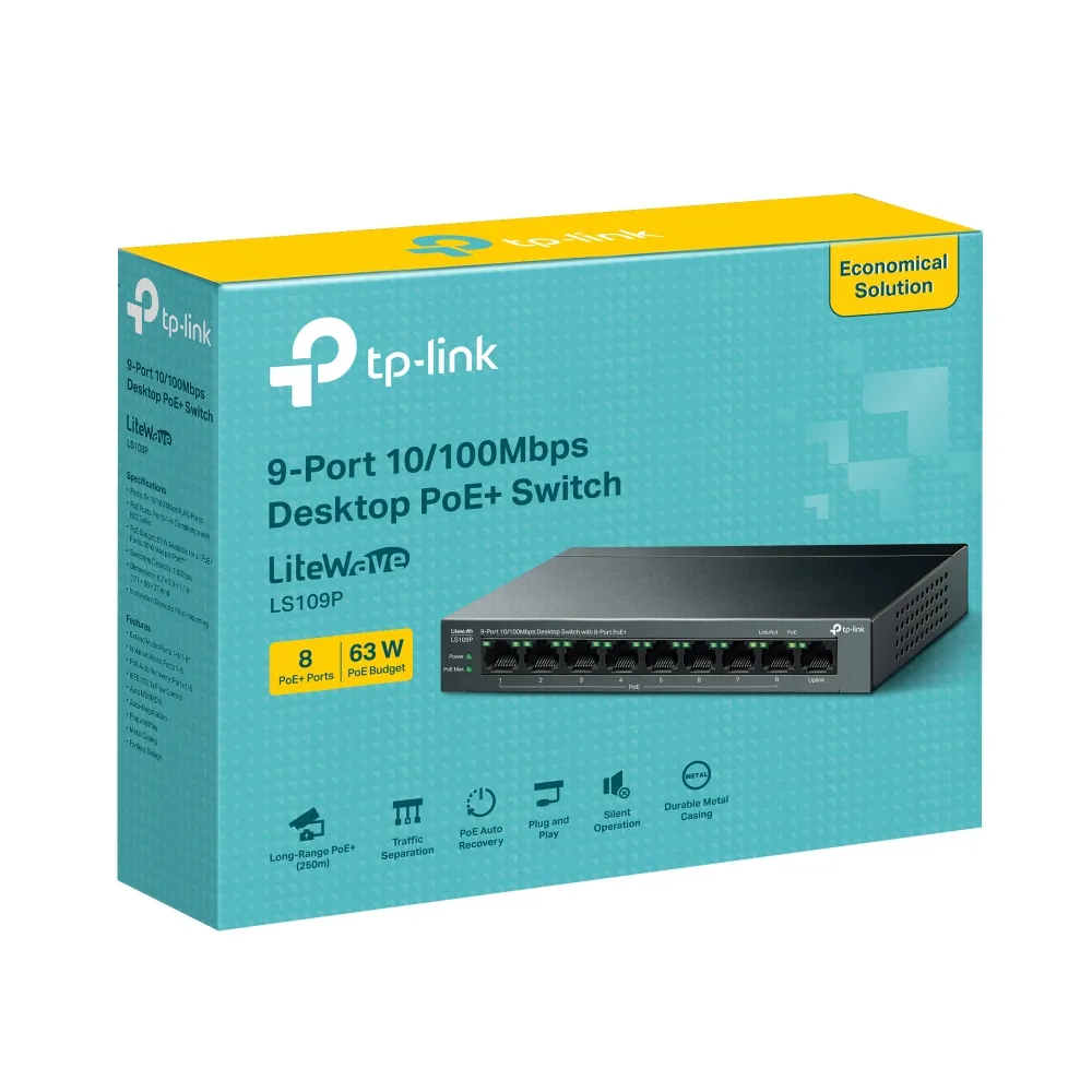 SWITCH DE 9 PUERTOS 10/100MBPS CON 8PUERTOS POE+ CASE METALICO SERIE LITEWAVE TP-LINK - RE070244