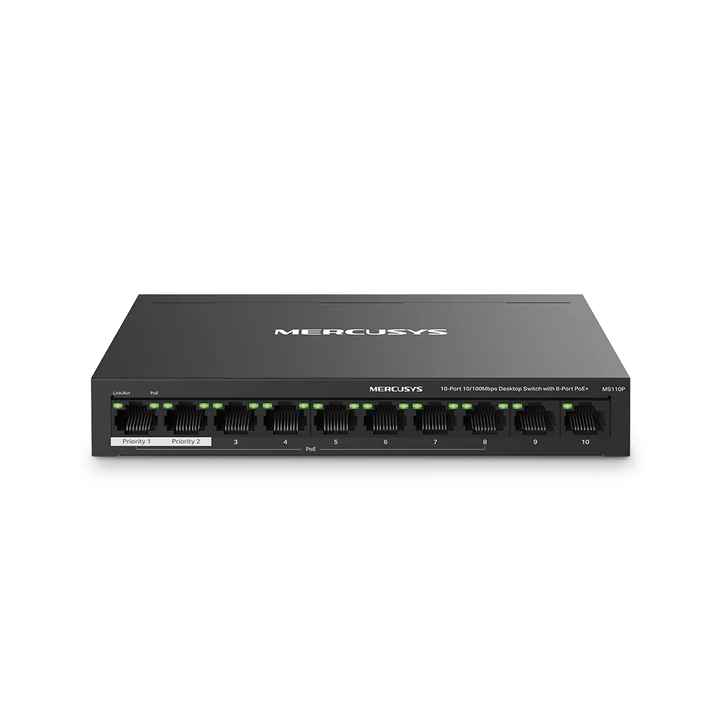 MS110P Mercusys Switch Fast Ethernet, 10 puertos 10/100 Mbps con 8 PoE+ 65 W - RE070302