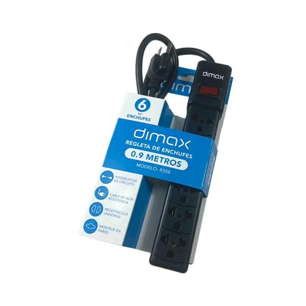 SUPRESOR DE PICOS 0,9MT DE 6 TOMAS NEMA UNIVERSAL NEGRO 10A/220V, INTERRUPTOR RESET CON LED DIMAX - EI020063 - EQUIPOS DE RESPALDO