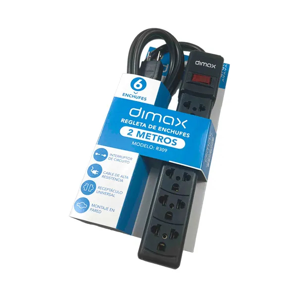 SUPRESOR DE PICOS 2MT DE 6 TOMAS NEMA UNIVERSAL NEGRO 10A/220V, INTERRUPTOR RESET CON LED DIMAX - EI020064 - EQUIPOS DE RESPALDO