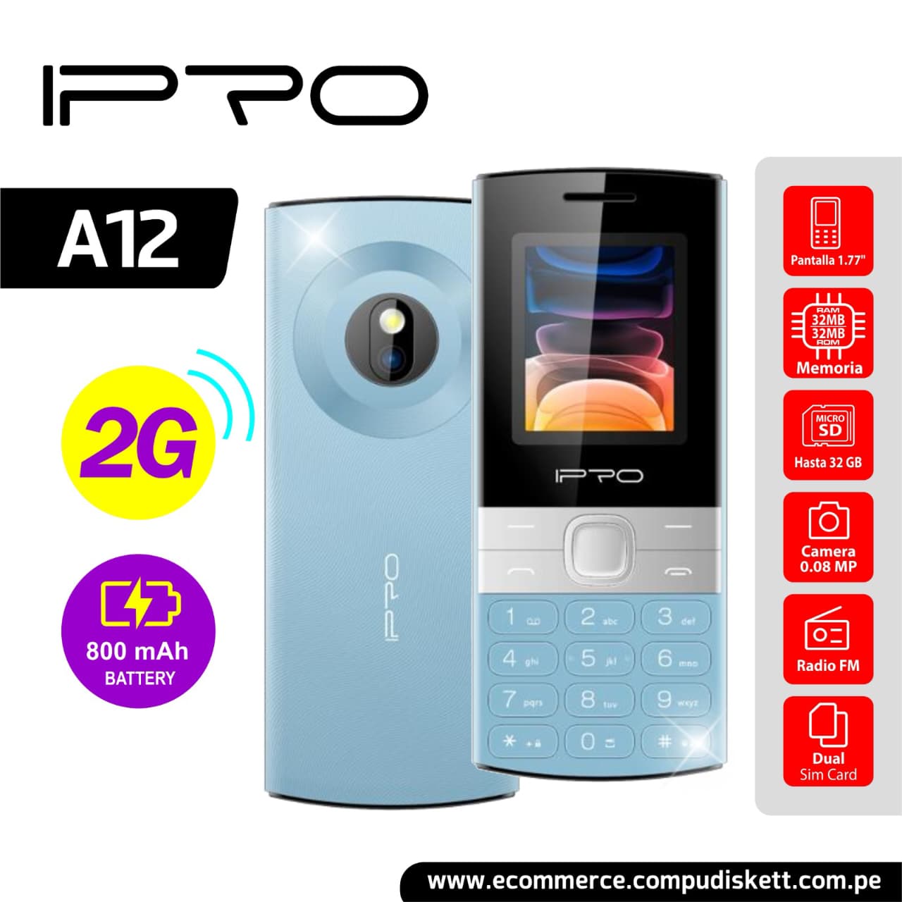 CELULAR IPRO A12 2G SKY BLUE DS