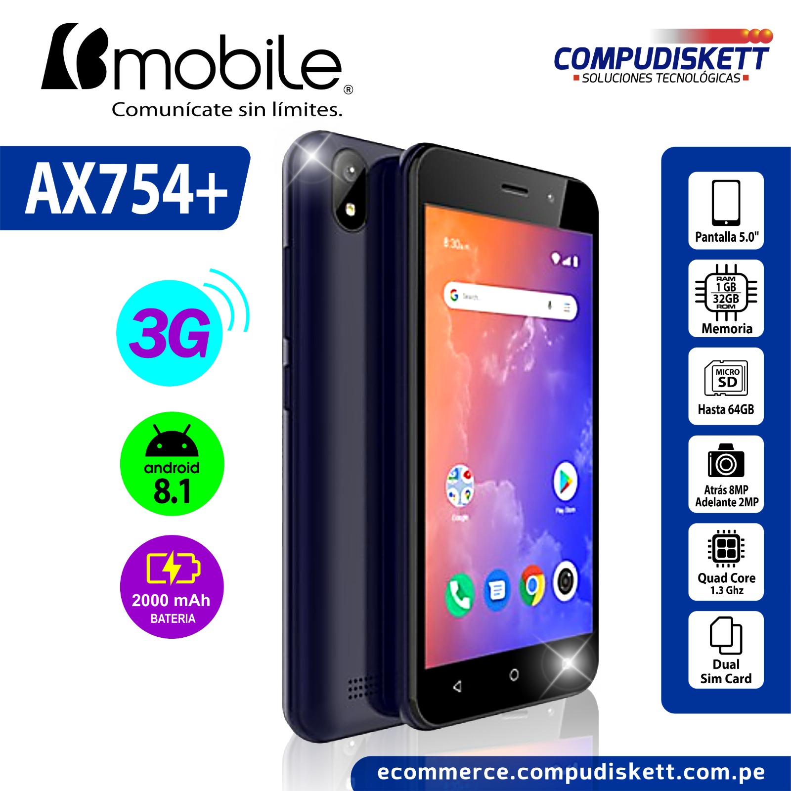 CELULAR BMOBILE AX754 1+16 3G BLACK DS