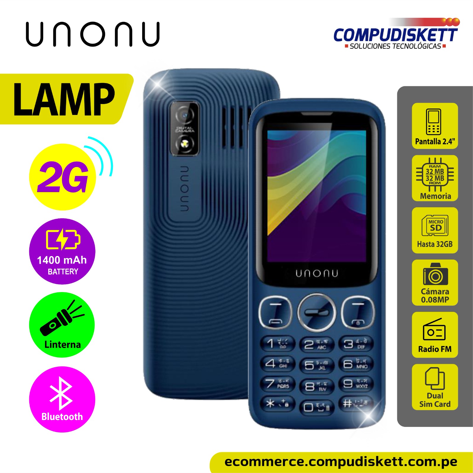 CELULAR UNONU LAMP 2G BLACK DS