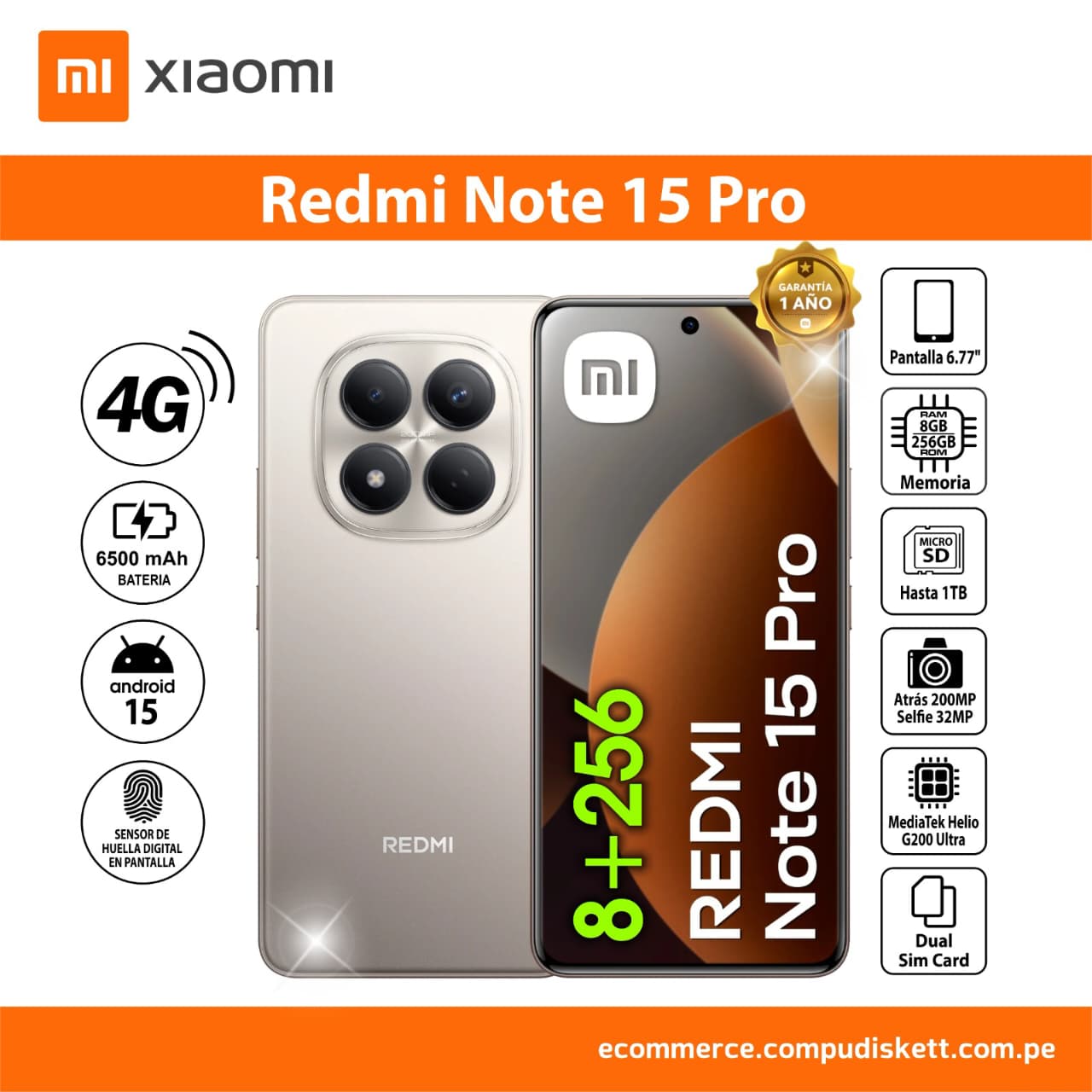 CELULAR REDMI NOTE 15 PRO 8+256 GB 4G LTE TITANIUM DS 25100RA69G