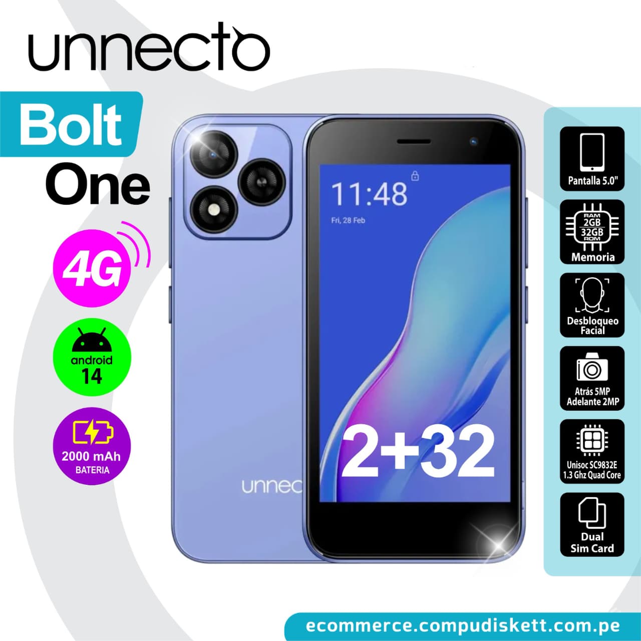 CELULAR UNNECTO BOLT 1 UB010 2+32 4G LTE LUNAR WHITE DS