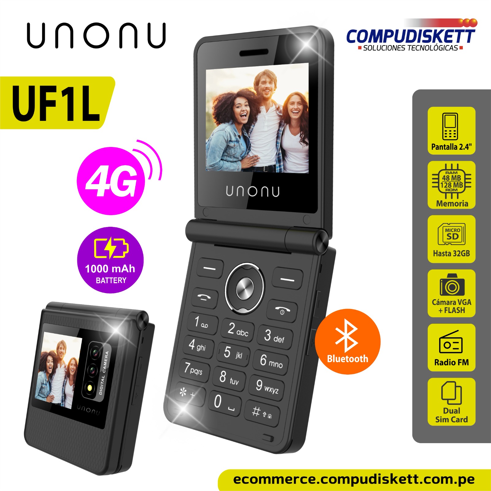 CELULAR UNONU UF1L FLIP PHONE 4G LTE BLACK DS